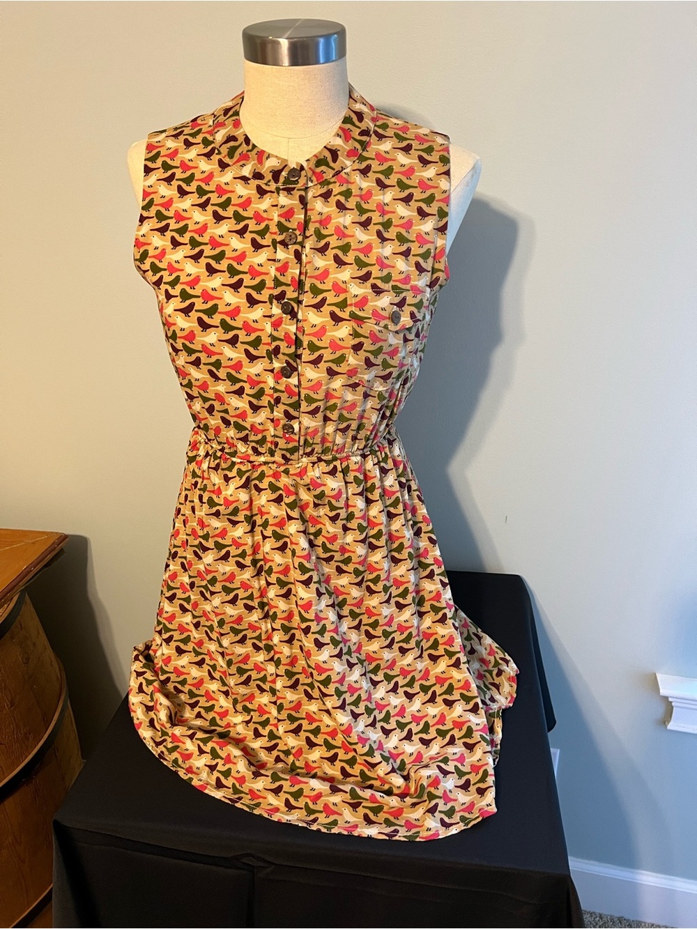 Sleeveless Mini Dress in Cream with Multicolor Bird Print